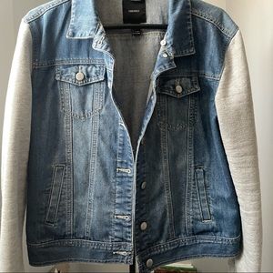 Button Down Denim Jacket with Sweater Sleeves